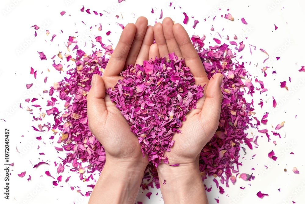 A person holds their hands above a pile of colorful petals, ideal for use in still life or botanical illustrations A person holds their hands above a pile of colorful petals, ideal for use in still life or botanical illustrations