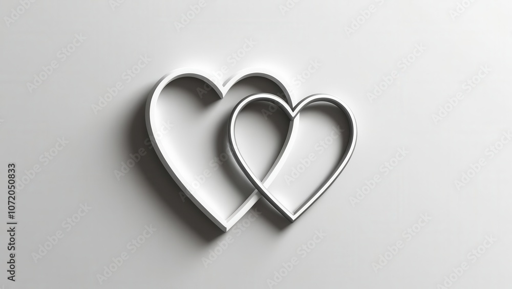 Two intertwined heart shapes in silver represent love and connection, set against a minimalistic background. Two intertwined heart shapes in silver represent love and connection, set against a minimalistic background.