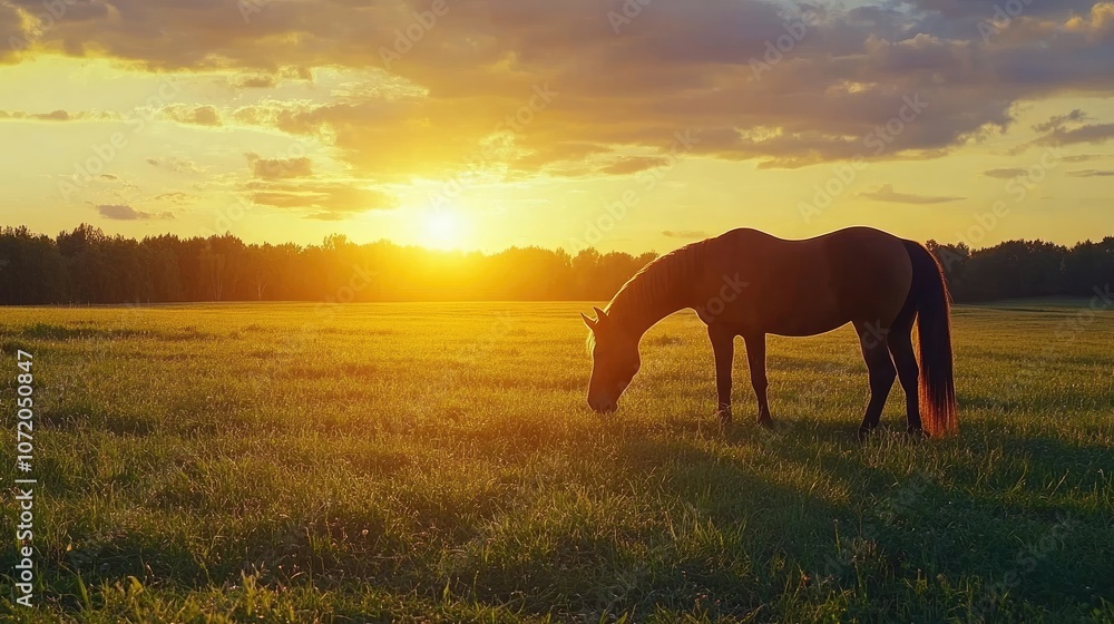 Silhouette of a brown horse grazing in a grassy field with a golden sunset in the background. Silhouette of a brown horse grazing in a grassy field with a golden sunset in the background.