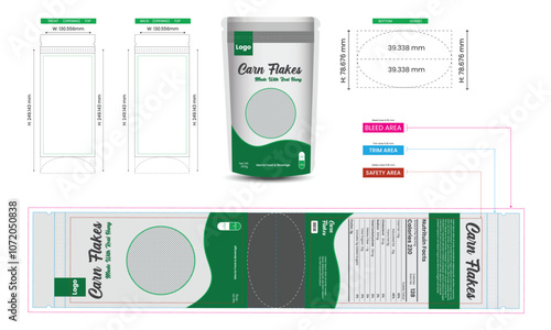 Carn flakes pouch design template, pouch packaging mockup, food and product branding design