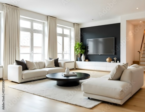 A modern and minimalist living room with large windows  white and beige furniture  and a black circular coffee table.