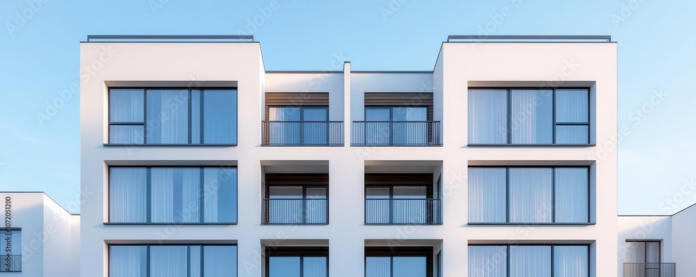 A modern residential building featuring large windows and balconies against a clear blue sky, showcasing a minimalist architecture style. A modern residential building featuring large windows and balconies against a clear blue sky, showcasing a minimalist architecture style.
