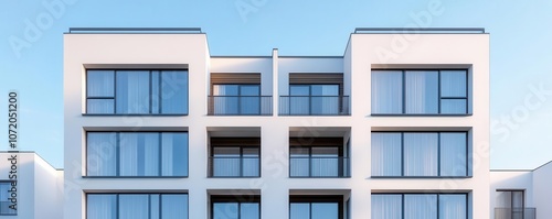 A modern residential building featuring large windows and balconies against a clear blue sky, showcasing a minimalist architecture style.