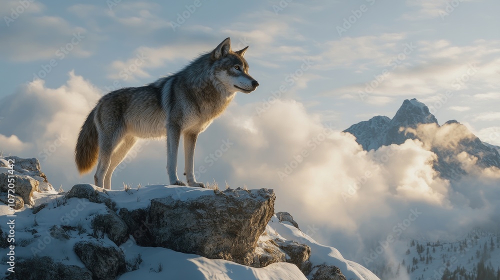Fototapeta premium A lone wolf stands on a snowy mountain peak, looking out at the majestic view.