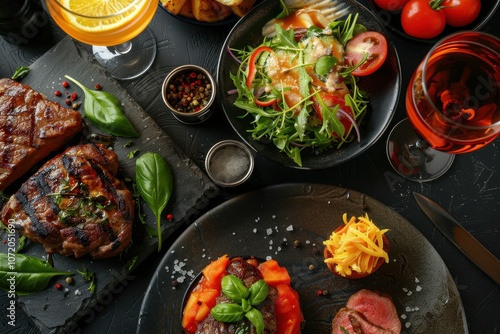 Wallpaper Mural A beautifully arranged meal featuring grilled meat, salad, and drinks, ideal for dining. Torontodigital.ca