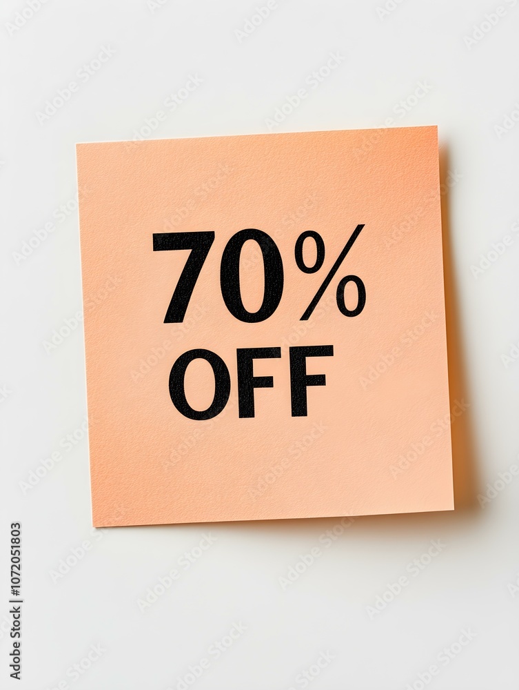 Black '70% OFF' Text on a Peach Fuzz Square Paper Note. White Background Black '70% OFF' Text on a Peach Fuzz Square Paper Note. White Background