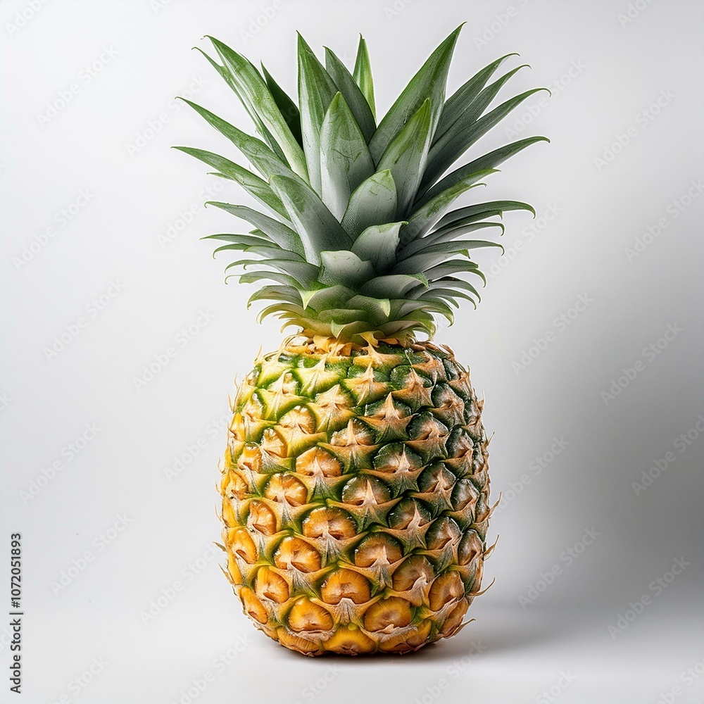 A fresh pineapple with its spiky green crown and vibrant yellow flesh, placed against a clean white background, showcasing its natural beauty A fresh pineapple with its spiky green crown and vibrant yellow flesh, placed against a clean white background, showcasing its natural beauty