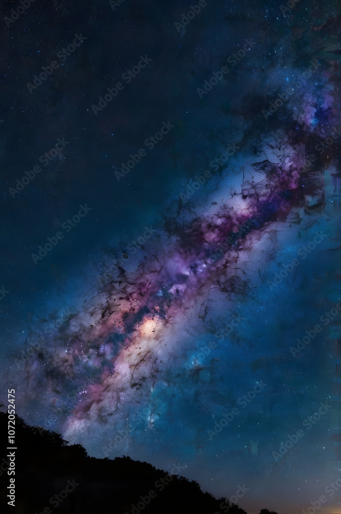 Obraz premium Milky Way galaxy across a clear night sky, vibrant stars with a mix of blue and purple tones