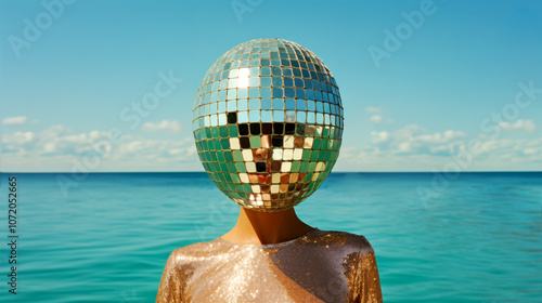 A person with a disco ball head standing by the sea, symbolizing anonymity and creativity against a clear blue sky background. photo