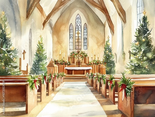 Wallpaper Mural Elegant church interior decorated for Christmas, soft candlelight and greenery in watercolor creating a serene, festive ambiance Torontodigital.ca