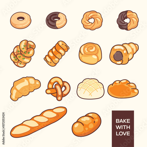 Collection of illustrated baked goods, including various types of bread, pastries, and cookie. Each item is drawn in a cute, cartoon style with colors.
