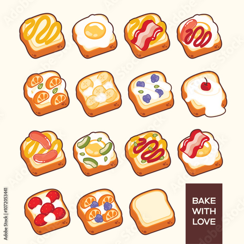 This illustration shows colorful toasts with toppings like eggs, bacon, fruits, and sauces. Each slice is unique and playful, with a warm message "BAKE WITH LOVE"