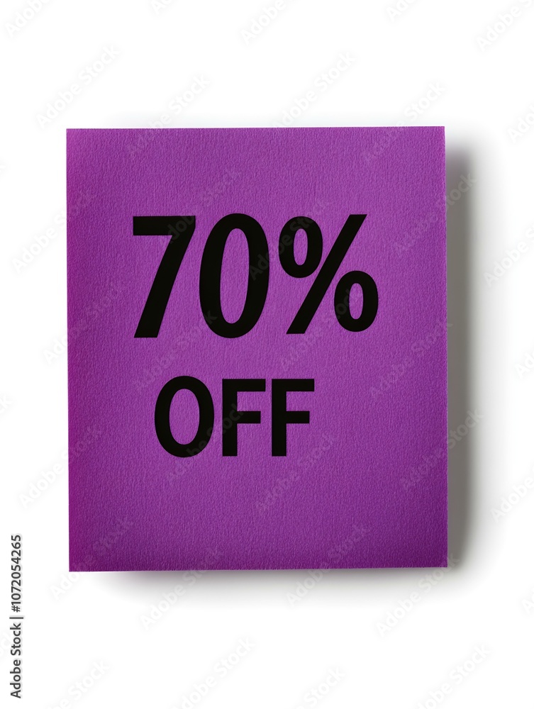 Black '70% OFF' Text on a Purple Square Paper Note. White Background Black '70% OFF' Text on a Purple Square Paper Note. White Background