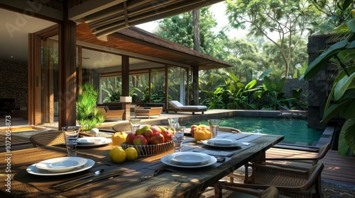 Dining area with pool view and fruits basket