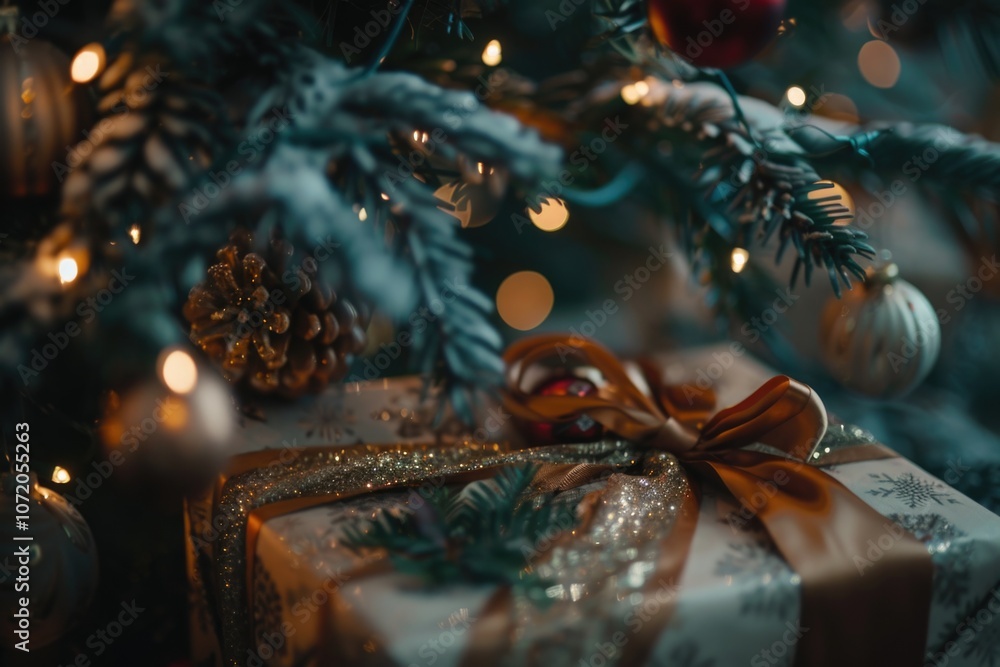 A gift wrapped in paper and ribbon sits under a decorated Christmas tree with soft lights in the background A gift wrapped in paper and ribbon sits under a decorated Christmas tree with soft lights in the background