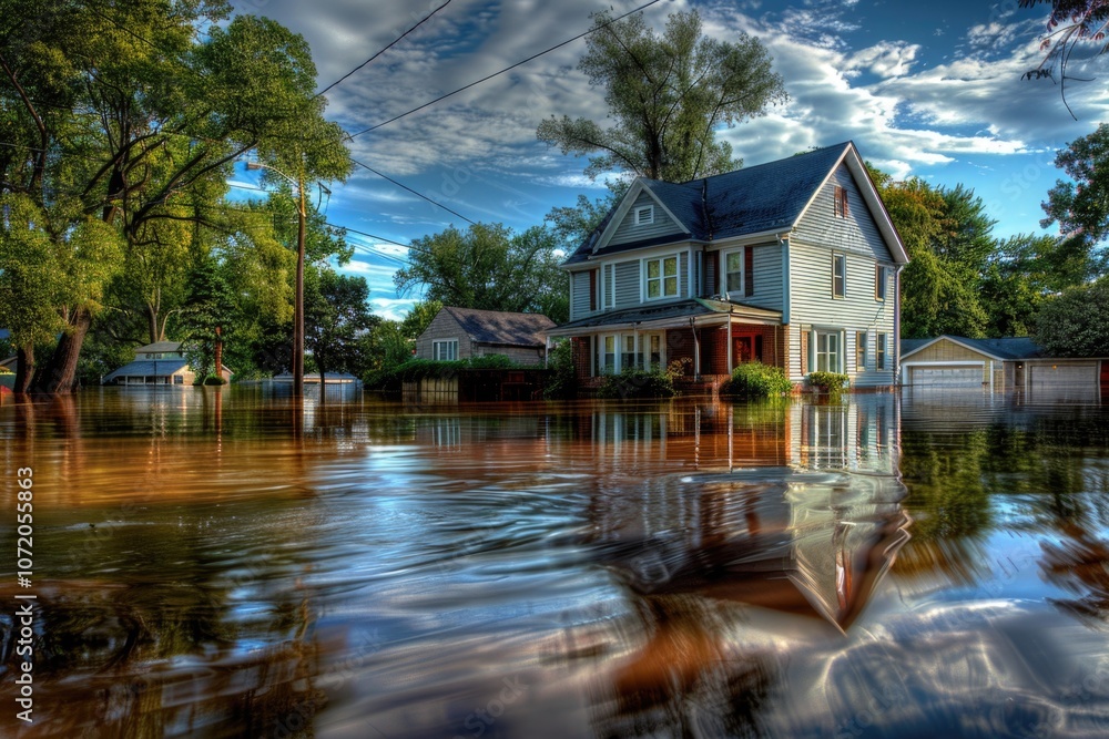 Obraz premium A flooded street with a house in the background, perfect for scenes of natural disasters or urban planning