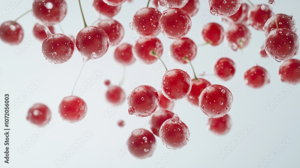Cherry berries levitating on a white background. Isolated object on a white background. Cherry berries levitating on a white background. Isolated object on a white background.