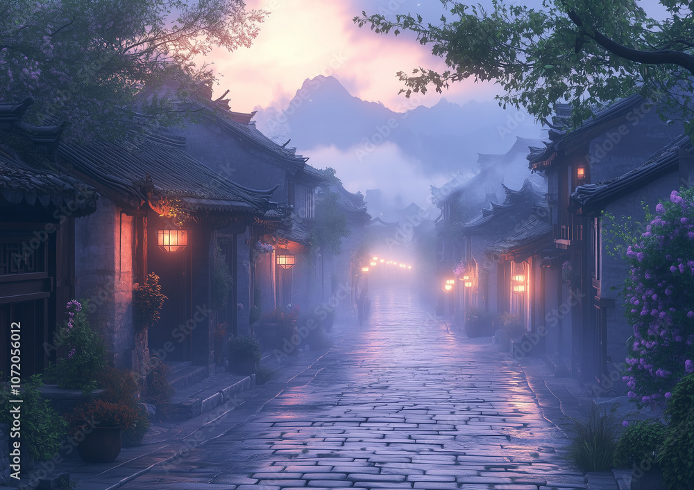 Mystic Village Square: Lanterns and Fog in the Evening Mist.. Mystic Village Square: Lanterns and Fog in the Evening Mist..