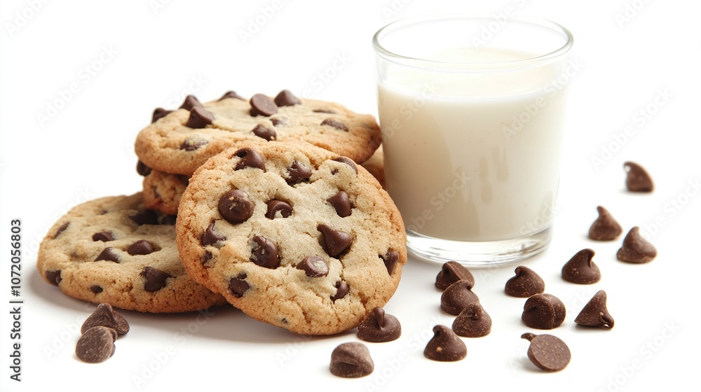 chocolate chip cookies and glass of milk on white background chocolate chip cookies and glass of milk on white background