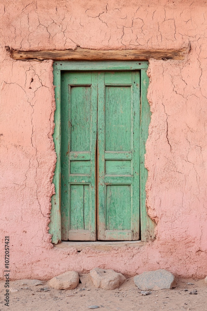 A green door set against a bright pink wall, simple and bold architecture element A green door set against a bright pink wall, simple and bold architecture element