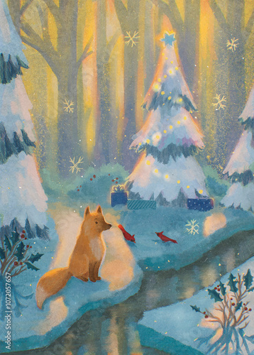Canvas Print Winter Christmas digital hand drawn illustration with nature, snow, trees, fox and birds