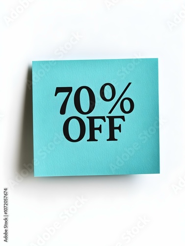 Black '70% OFF' Text on a Turquoise Square Paper Note. White Background 