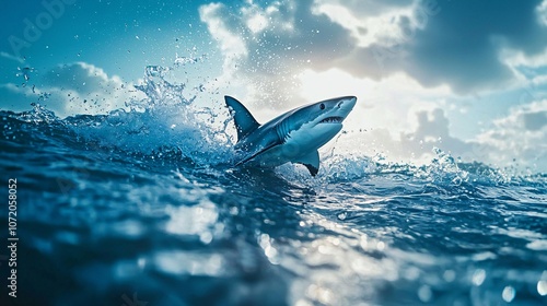 A majestic shark breaching the surface of the ocean, illuminated by sunlight, showcasing its powerful physique against a backdrop of waves. photo