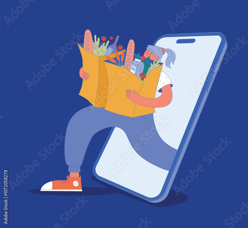 Flat vector illustration depicting characters shopping online. A woman holds grocery bags filled with food items, emerging from a smartphone. Casual style, joyful expression, isolated on a blue backgr