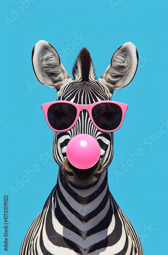 A zebra wearing pink glasses and blowing bubble gum, against a solid blue background.Minimal creative surreal fashion andparty concept.Copy space .