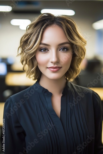 Confident young woman in a modern office with wavy hair and a composed expression.