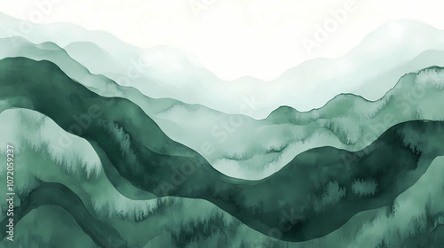 Abstract background with green waves and landscape painting. Minimalist. Illustration