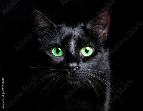 Schwarze Katze mit grünen Augen in der Dunkelheit