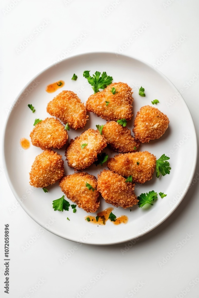 Fototapeta premium Deep-fried chicken nuggets served on a white plate