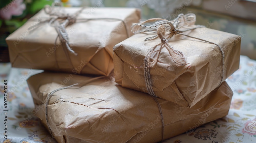 Three packages wrapped in brown paper and tied with twine, ready for shipping or delivery Three packages wrapped in brown paper and tied with twine, ready for shipping or delivery