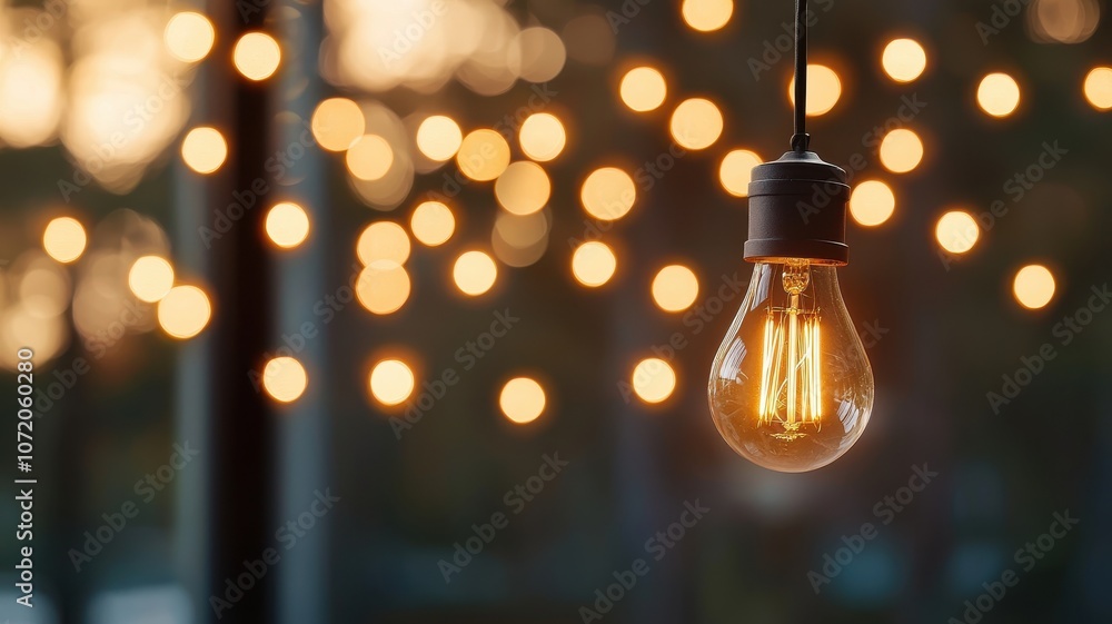 A glowing light bulb hangs against a backdrop of blurred warm lights, creating a cozy and inviting atmosphere. A glowing light bulb hangs against a backdrop of blurred warm lights, creating a cozy and inviting atmosphere.