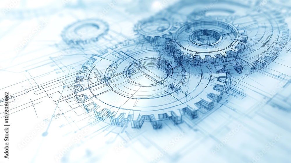 Abstract representation of mechanical gears designed with a digital blueprint aesthetic, symbolizing engineering and technology. Abstract representation of mechanical gears designed with a digital blueprint aesthetic, symbolizing engineering and technology.