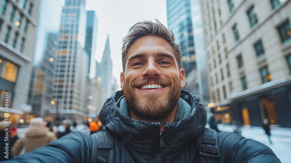 Smiling man takes a selfie in the city Smiling man takes a selfie in the city
