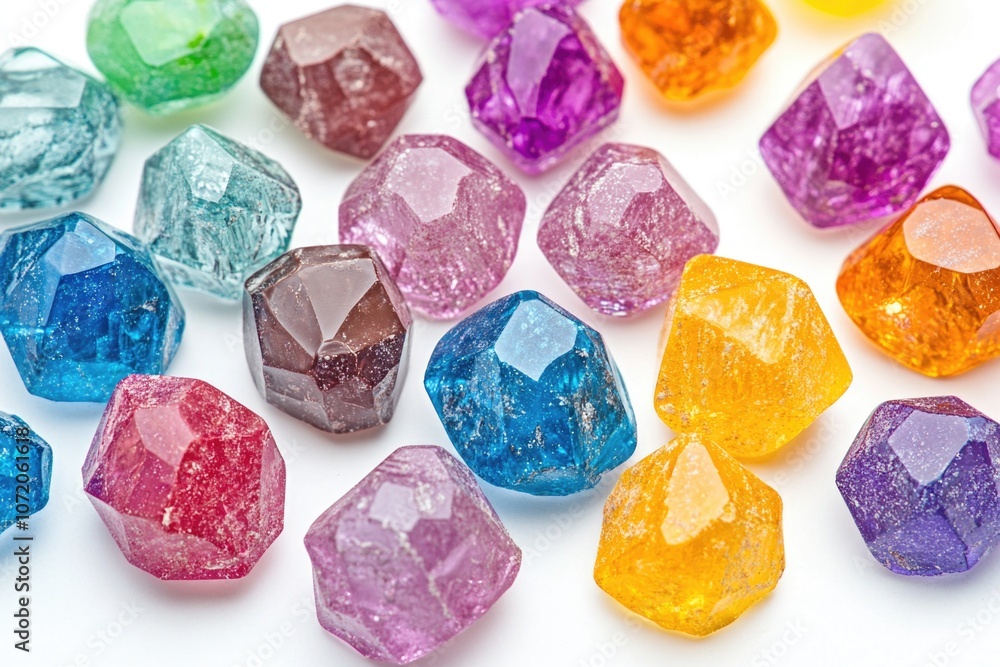 A collection of variously colored diamonds arranged on a white background A collection of variously colored diamonds arranged on a white background