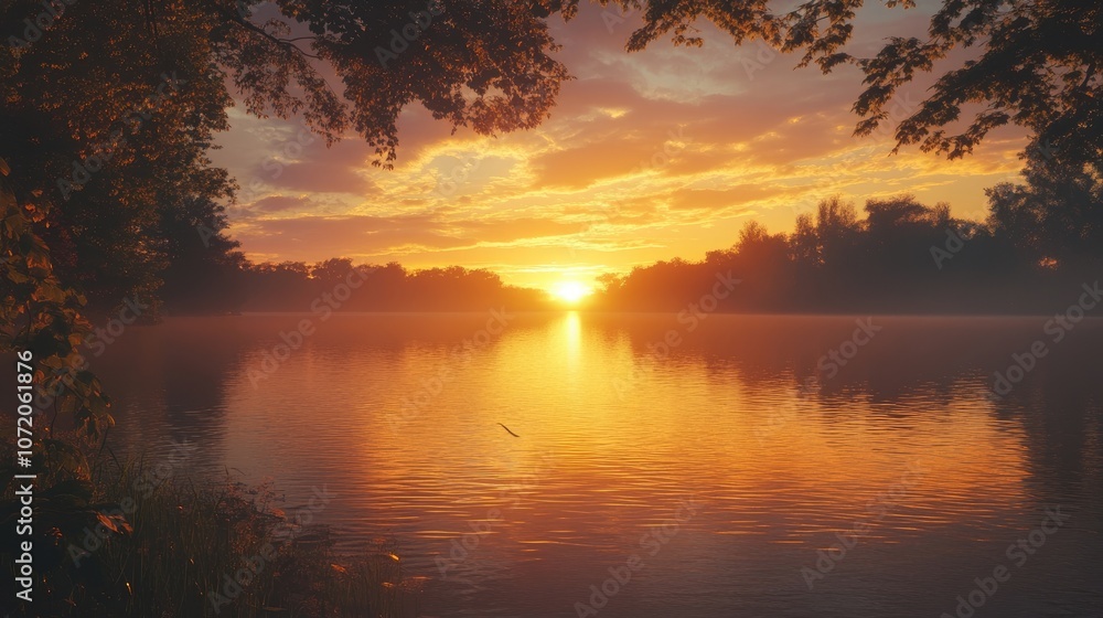 Obraz premium A scenic view of a lake at sunrise, with the sun peeking through the trees and casting a warm glow on the water.