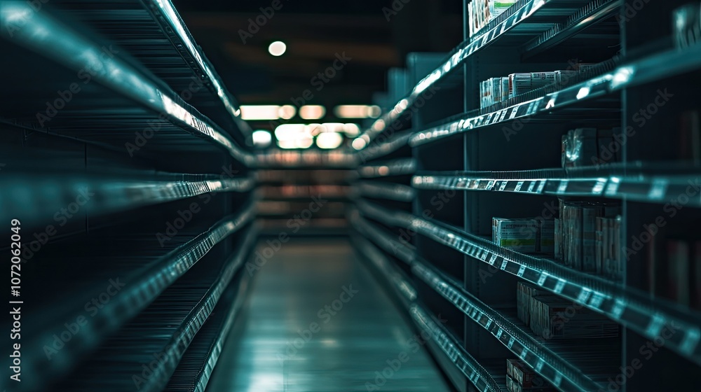 Empty shelves in a supermarket aisle, a sign of the times. Empty shelves in a supermarket aisle, a sign of the times.