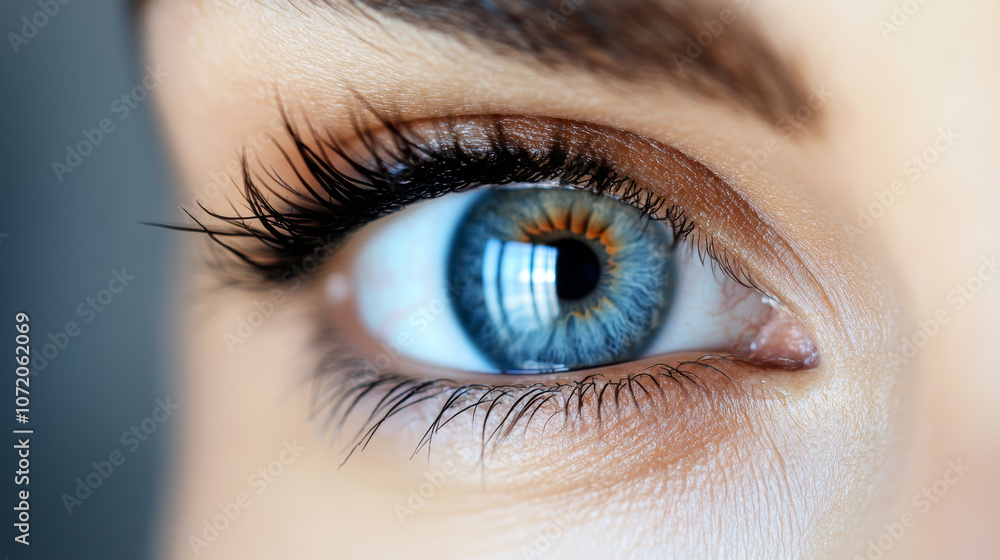 Fototapeta premium Close-up of a woman's blue eye with long eyelashes.