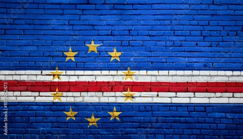 カーボヴェルデの国旗がペイントされたレンガの壁。(Brick wall painted with the Cabo Verde flag.)
 photo