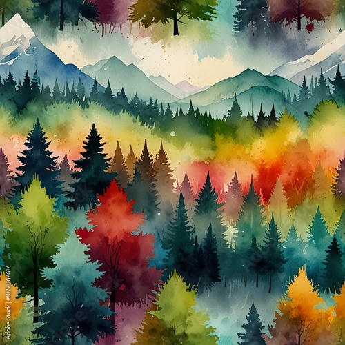 Colourful vibrant simple pattern, abstract mountains, hills, trees template. Fabric minimalist bright design. Art decorative modern painting, drawing for wrapping. Flat watercolour wallpaper.