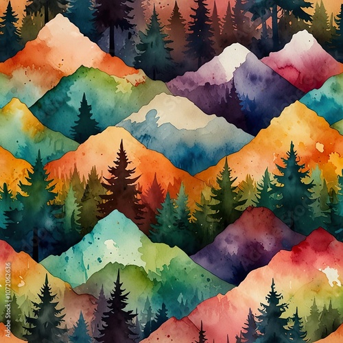 Colourful vibrant simple pattern, abstract mountains, hills, trees template. Fabric minimalist bright design. Art decorative modern painting, drawing for wrapping. Flat watercolour wallpaper.