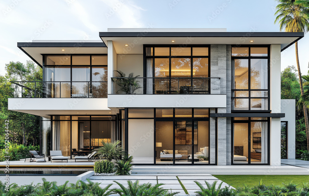 Luxury Modern House with Wide Glass Front, Spacious Balcony, and Open Living Spaces Luxury Modern House with Wide Glass Front, Spacious Balcony, and Open Living Spaces