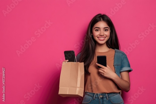 A woman holds a bag and checks her cell phone, possibly preparing for a trip or waiting for someone