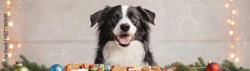 Christmas cookies and pet-safe treats concept. A cheerful dog is surrounded by festive decorations, exuding a joyful holiday spirit