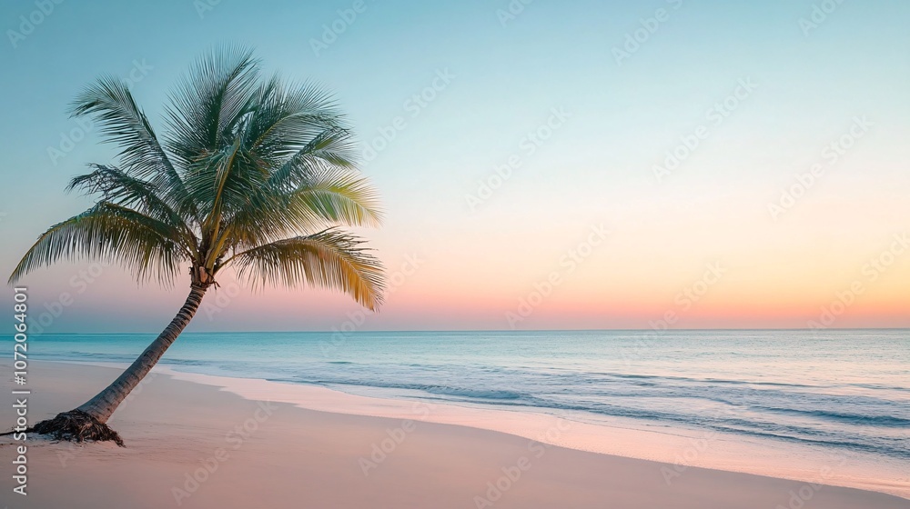 Fototapeta premium Beautiful view of serene tropical beach and palm tree with copy space