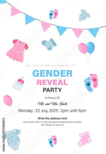 He or she gender reveal party vector template. gender reveal party invitation design.