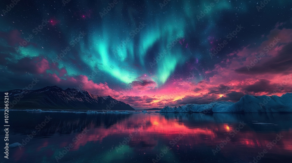 A breathtaking view of the northern lights illuminating a serene landscape at sunset. A breathtaking view of the northern lights illuminating a serene landscape at sunset.